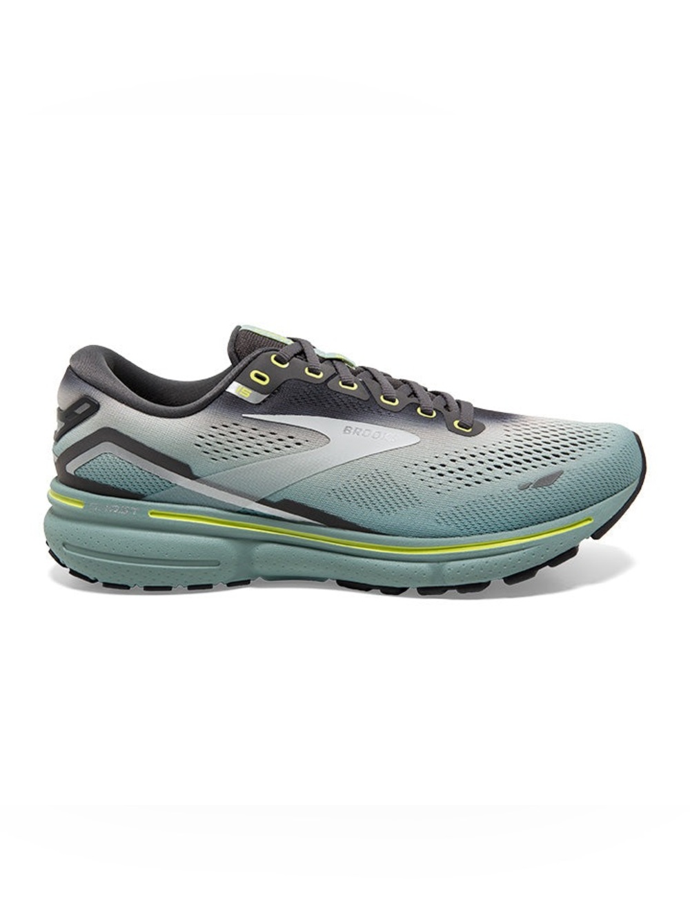 Brooks Ghost 15 Men's Teal Gray Athletic Running Shoes with Lime Accents